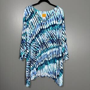 Ruby Rd. Boho Blue Tie Dye Beaded Neck Top - Size 1X - Women's Plus Size Tunic
